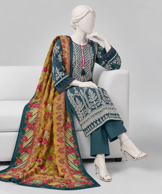 J.KURTA DUPATTA-2PC linen emb shirt with linen multi shawl