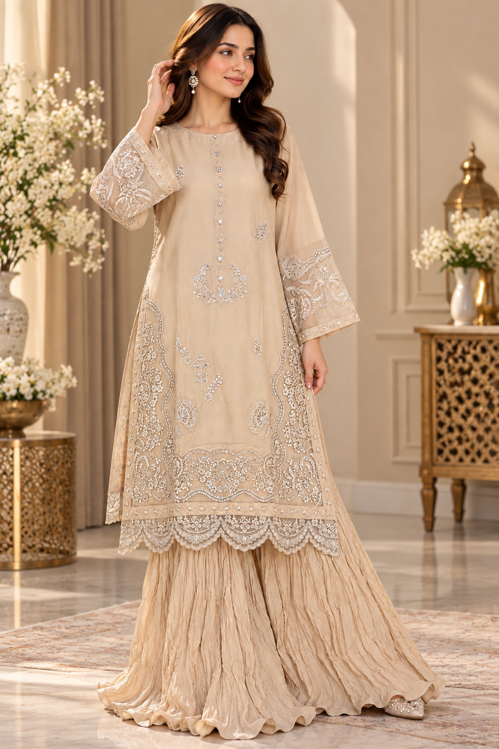 Dhanak 2PC Stitched Silk Bridal( Dabka) work hand  Heavy Embroidery with crush sharara