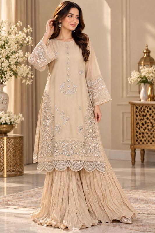 Dhanak 2PC Stitched Silk Bridal( Dabka) work hand  Heavy Embroidery with crush sharara