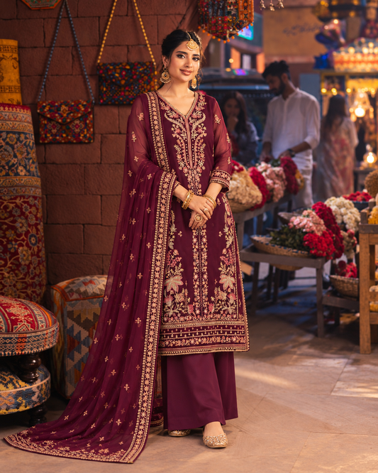 ASIM JOFA 03PC Luxury FORMAL STITCH heavy EMB/(shiffon) MAHROON