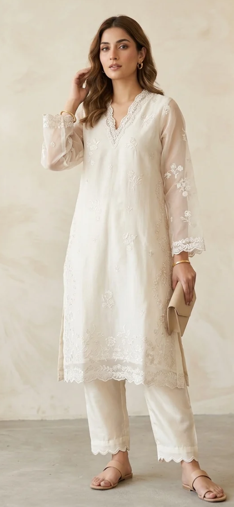 saya 02 pc heavy formal chicken kari emb silk stitch suit / white -210