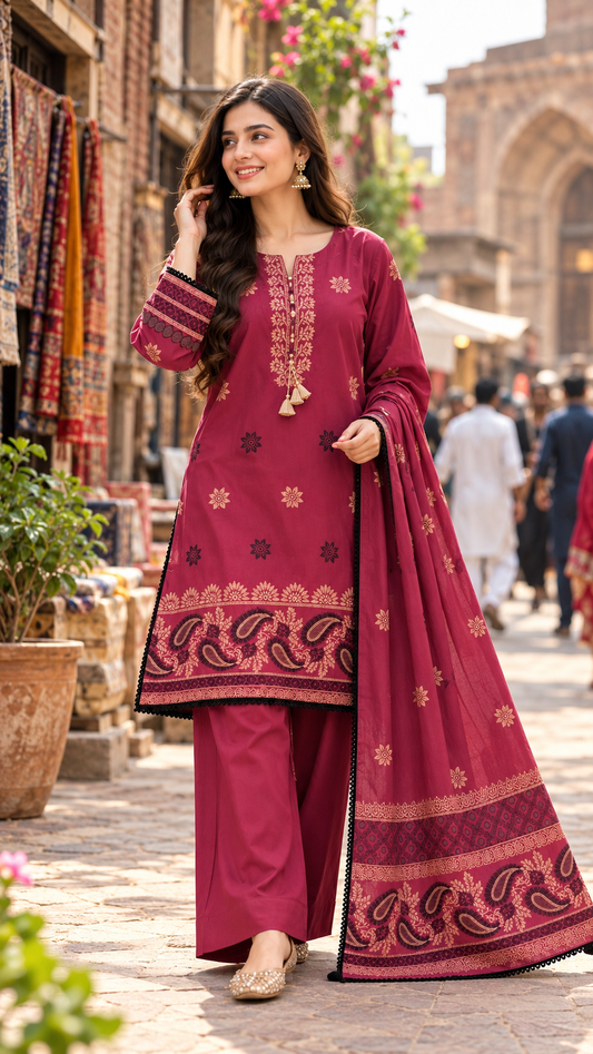 Khaadi 3PC Stitched formal heavy gold jacquardLawn Suit – Hand Embellished (maroon)