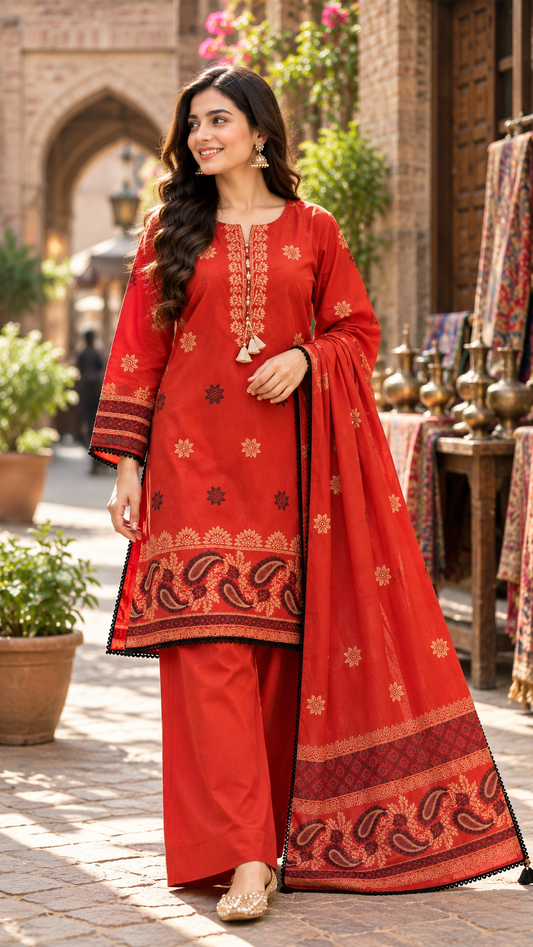 Khaadi 3PC Stitched heavy formal gold jaquard Lawn Suit – Hand Embellished (rust)