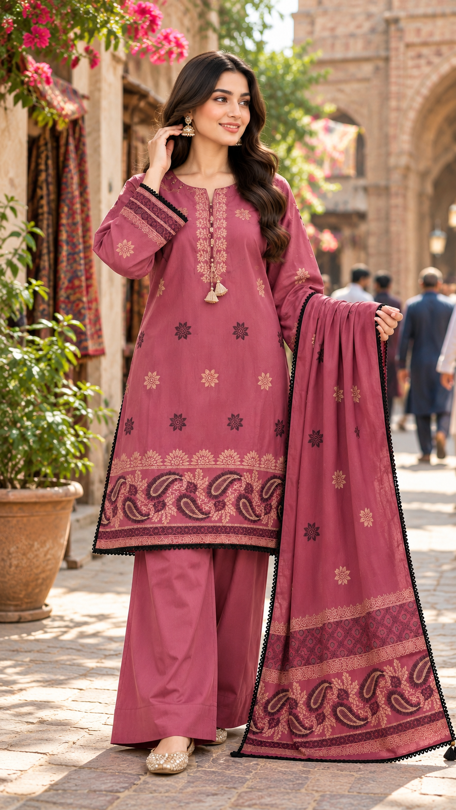 Khaadi 3PC Stitched heavy gold jaquard Lawn Suit – Hand Embellished (tea pink)