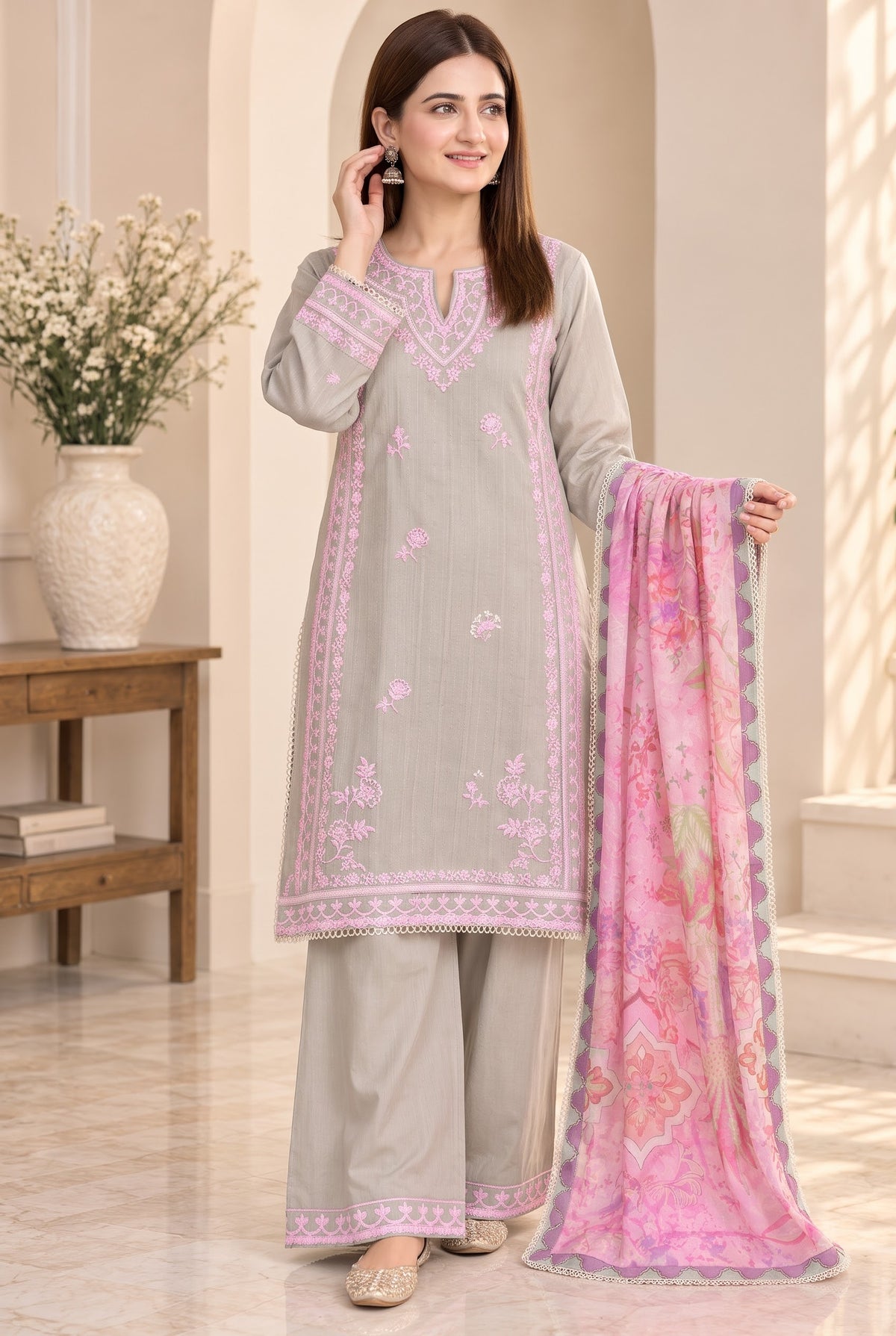 Dhanak 3PC Stitched luxury formal Suit  Heavy Embroided and Emb bottom with Silk Floral shawl