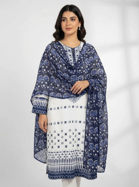 ZELLBURY 02 PC STITCH SHIRT DUPPATA / WHITE AND BLUE-2622124