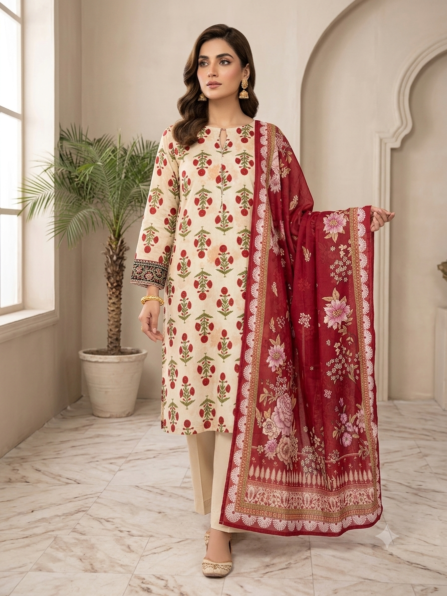 Zellbury block print Lawn 2pc stitch shirt duppata