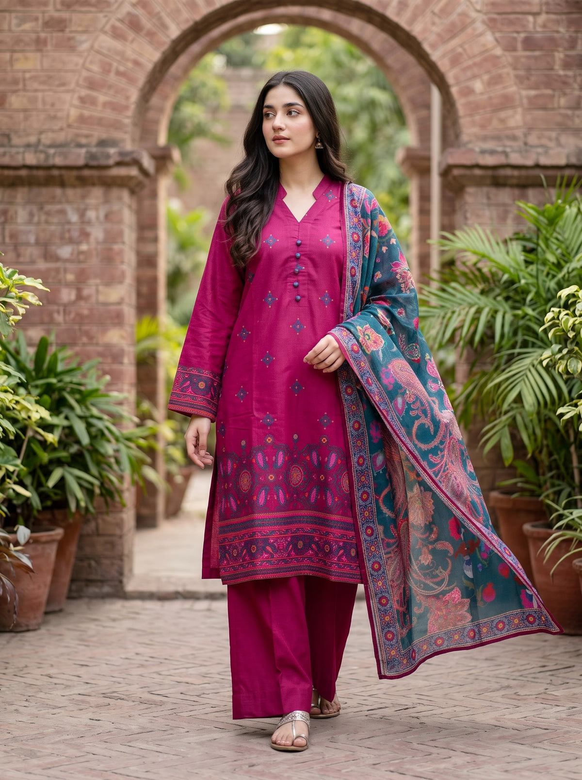 BONANZA SATRANGI 3PC 3D luxury ( silk )STITCH chicken kari with silk floral shawl