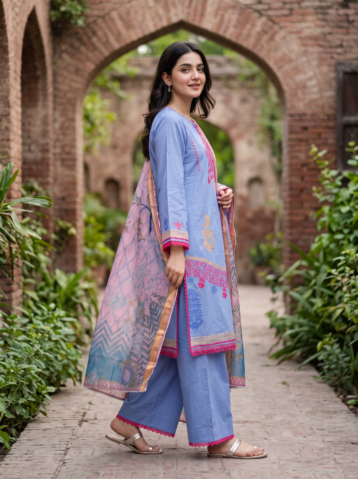 BONANZA SATRANGI 3PC ( silk ) luxury STITCH chicken kari with silk floral shawl