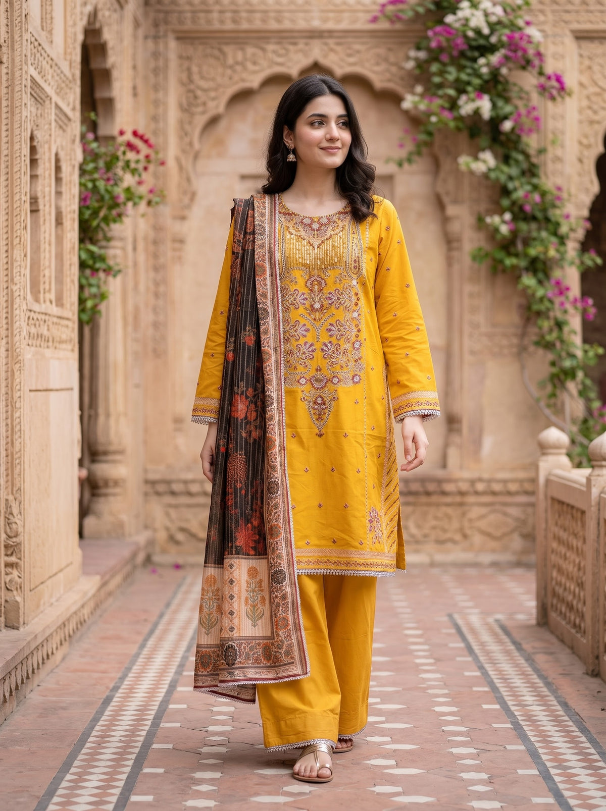 BONANZA SATRANGI 3PC (multi)( silk) bridal  luxury STITCH chicken kari with silk floral shawl