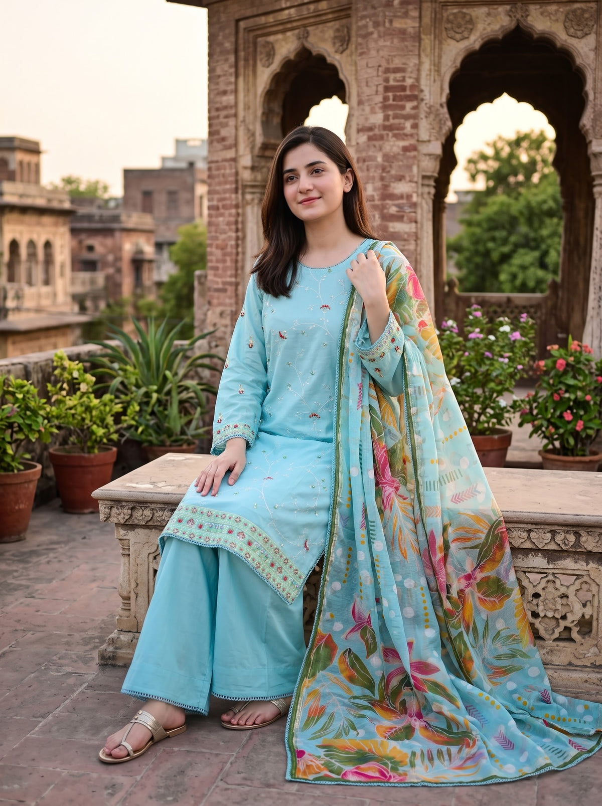 BONANZA SATRANGI 3PC luxury lawn formal  STITCH chicken kari with silk floral shawl