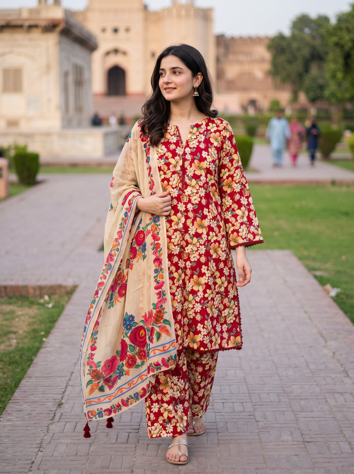 KHAADI 03 PC STITCH FANCY multi HAND EMBELISHED 3D (Linen)with multi floral shawl