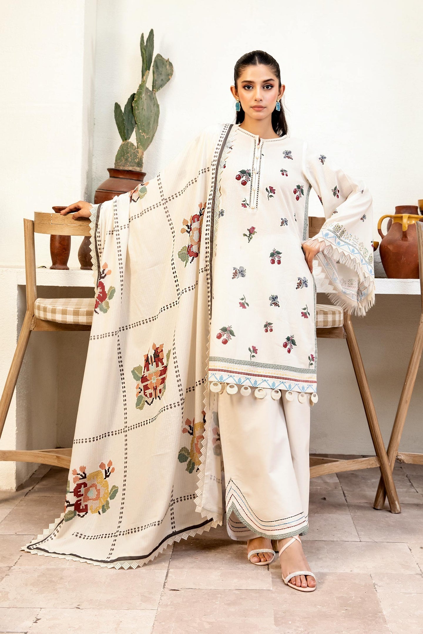 MARIA.B LAWN 03 PC UNSTITCH SUIT /. OFF WHITE -06