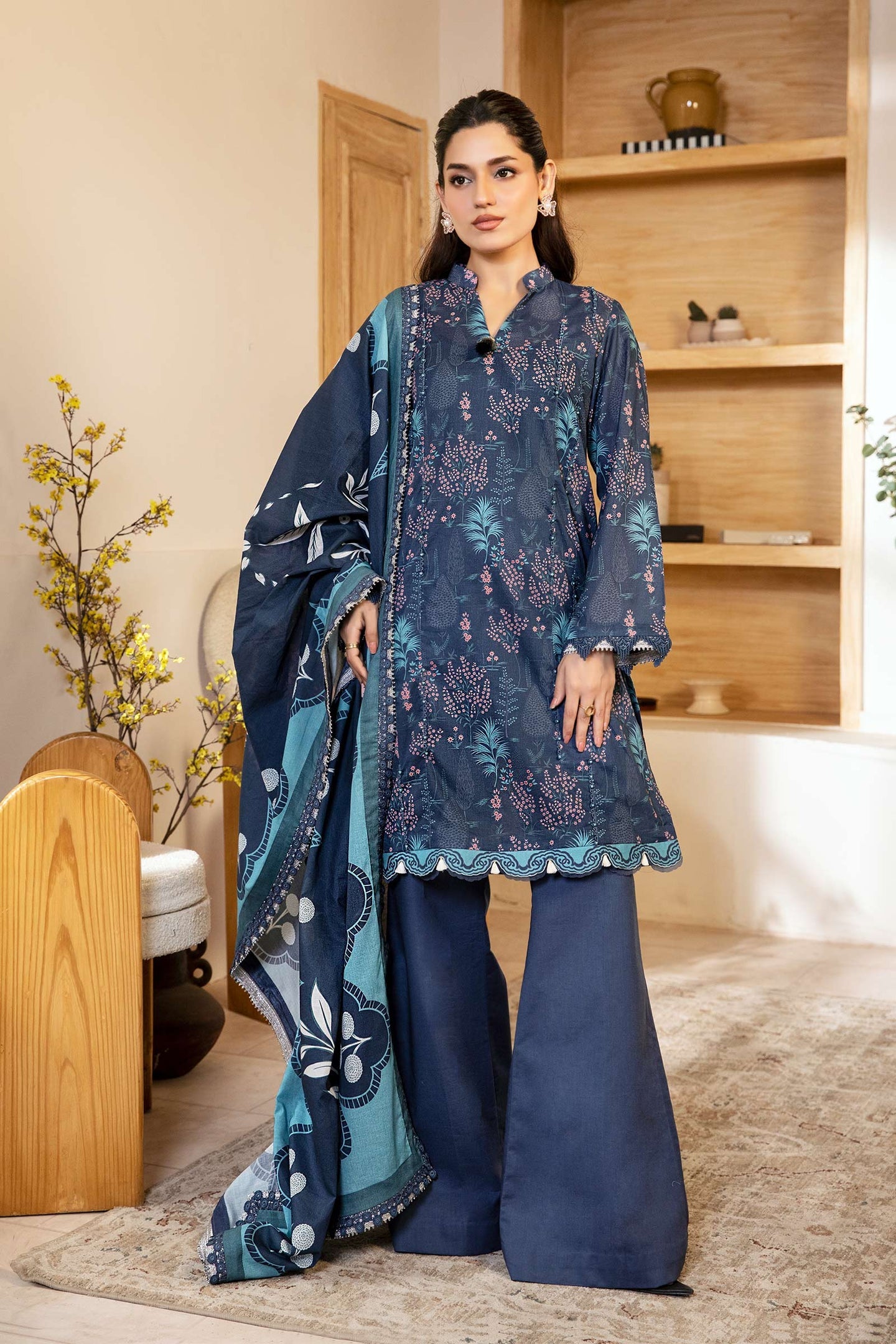 MARIA.B LAWN 03 PC UNSTITCH SUIT / BLUE -12