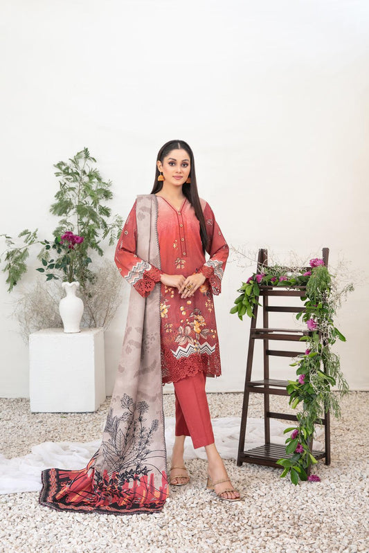 TAWAKAL SUHAILA 03 PC STITCH SUIT / RED D-3697