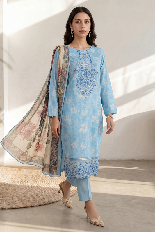 zellbury 03 pc stitch suit / sky blue