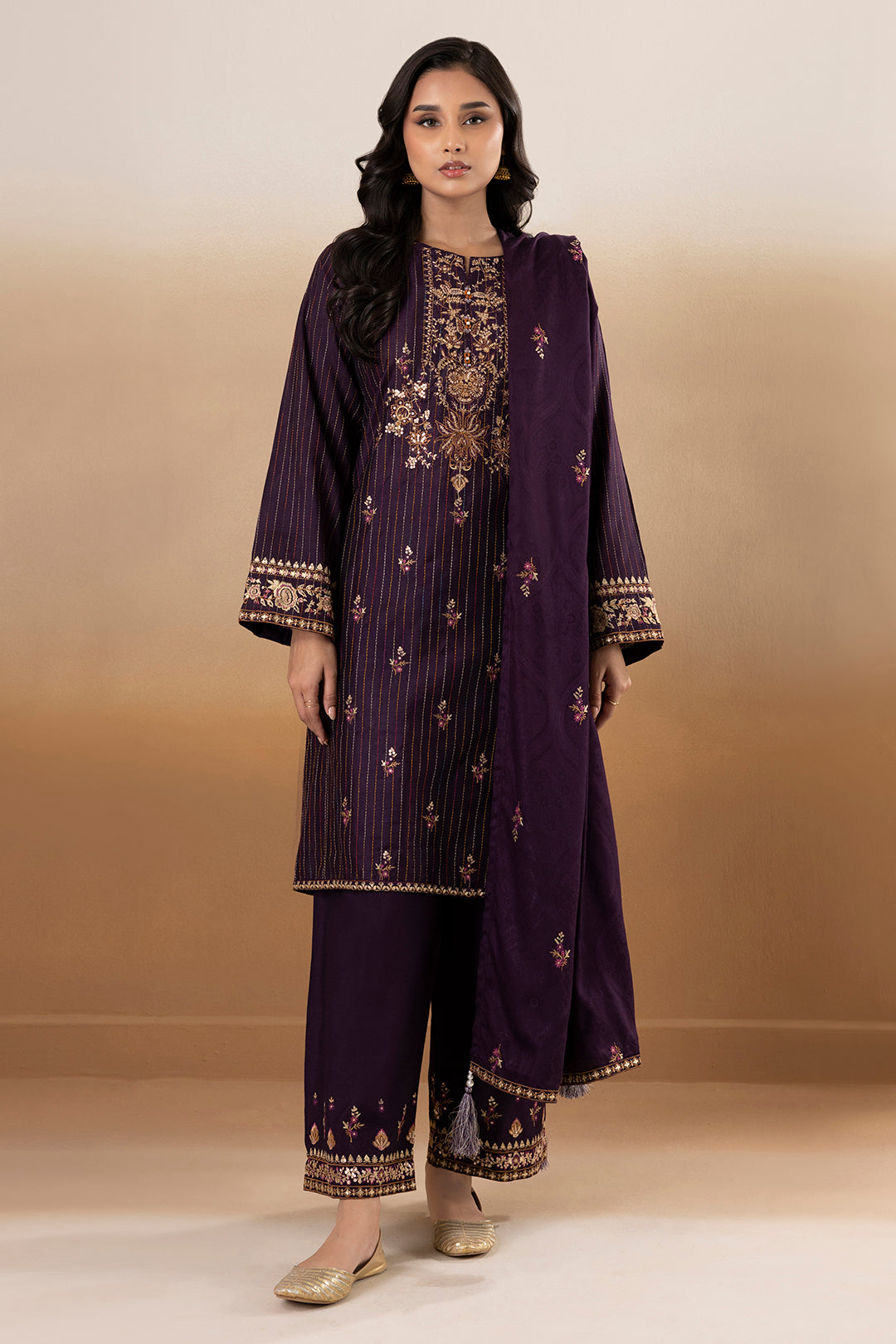 zellbury 03 pc stitch suit freshi salwar / darrk purple