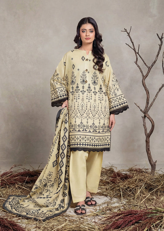 BONANZA 03 PC LAWN UNSTITCH SUIT / CREAM -ROLLI