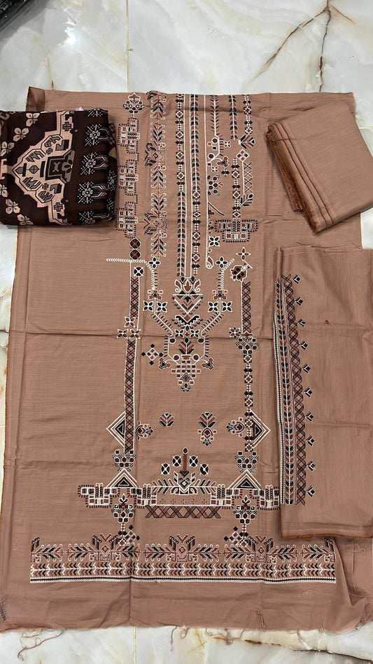 khaadi 03 pc unstitch suit/ light brown