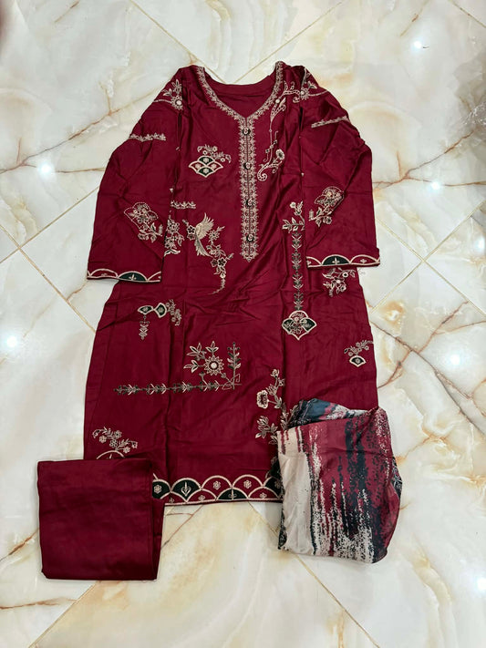 TAWAKAL 03 PC STITCH SUIT / MAROON