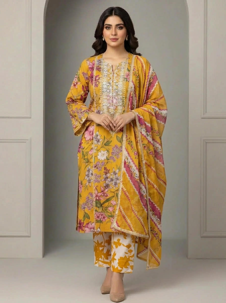 ZELLBURY 03 PC STITCH SUIT / YELLOW