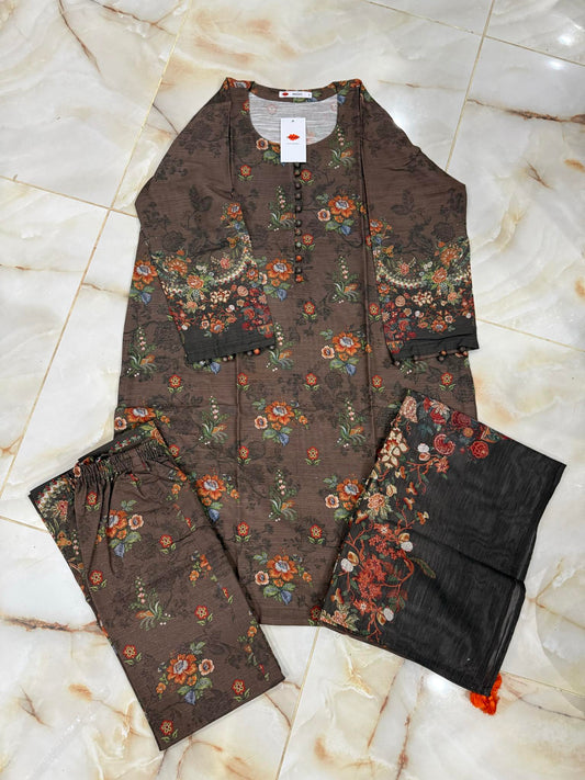 KHAADI KHADDAR 03 PC STITCH SUIT / BROWN
