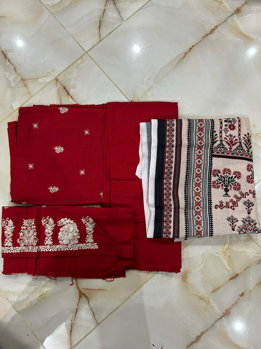 khaadi 03 pc unstitch suit / red