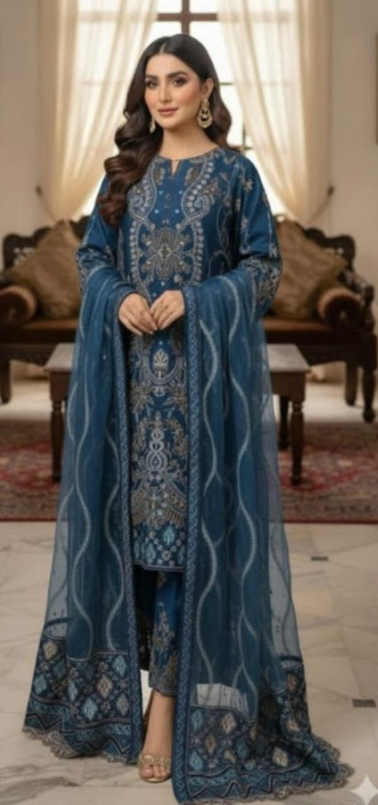 OAKX SHAFON EMBRODIERY 02 PC UNSTITCH SUIT /  NAVY BLUE