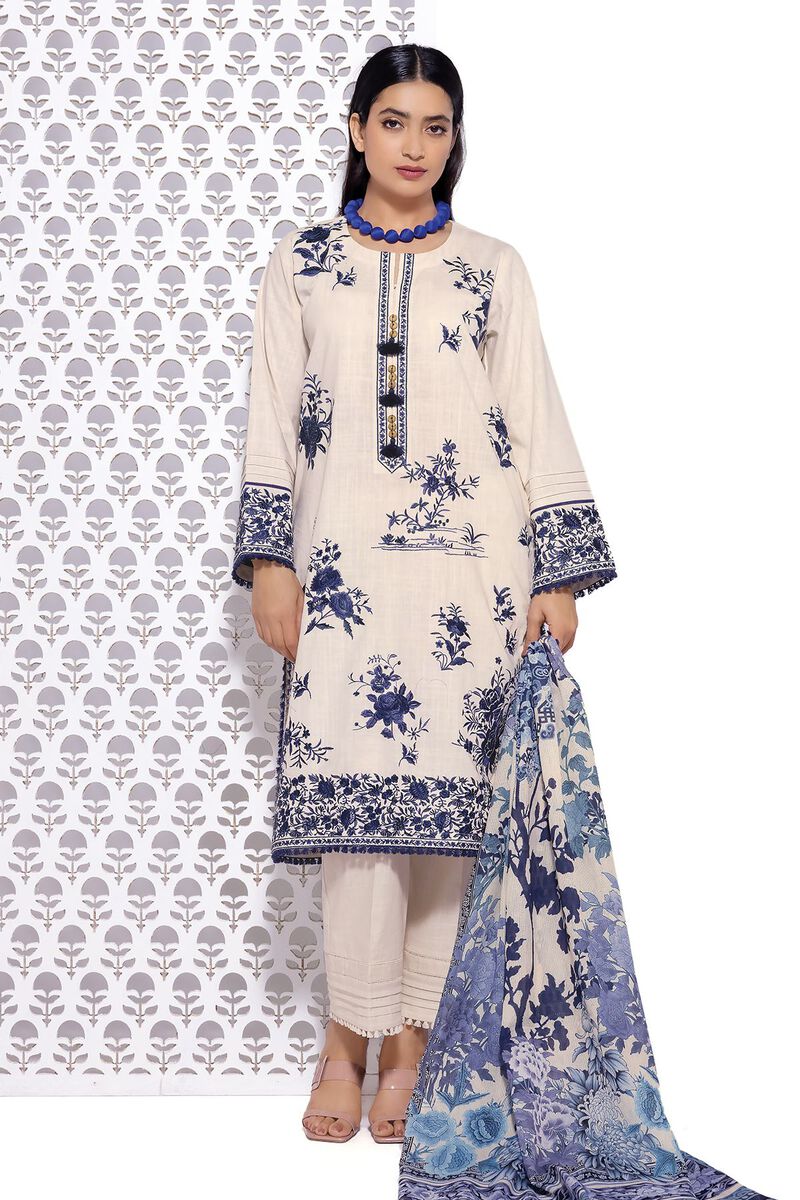 KHAADI KHAADAR 03 PC UNSTITCH SUIT / WHITE