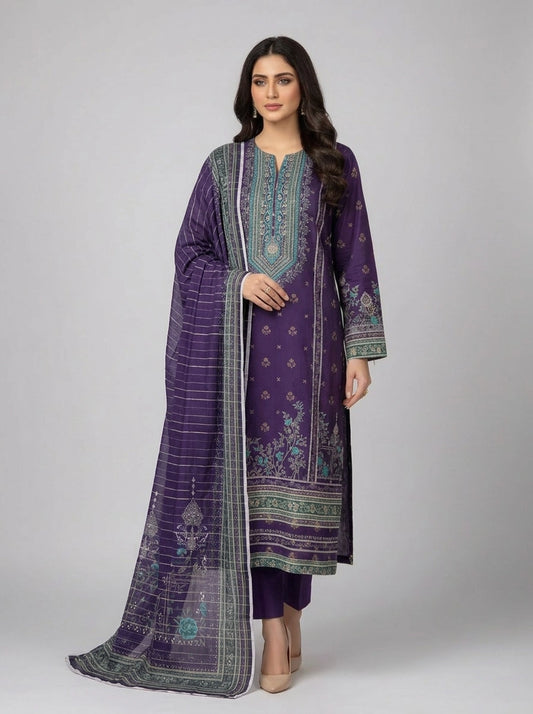 KHAADI JAQQAD 03 PC UNSTITCH SUIT / PURPLE