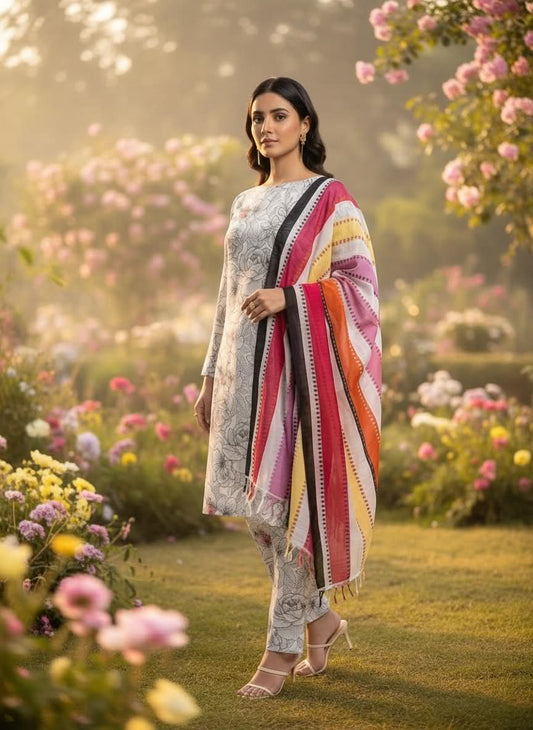 BAROQUE 03 PC UNSTITCH SUIT / WHITE