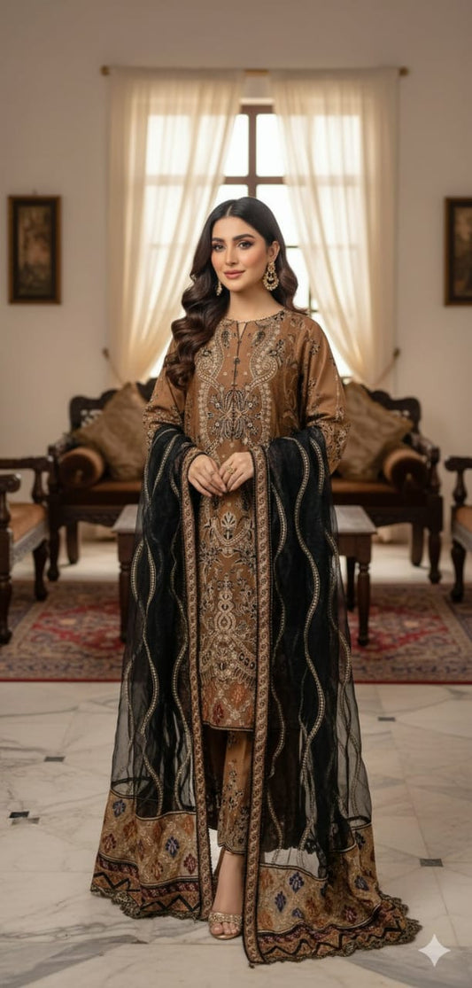 OAKX SHAFON EMBRODIERY 02 PC UNSTITCH SUIT / BROWN