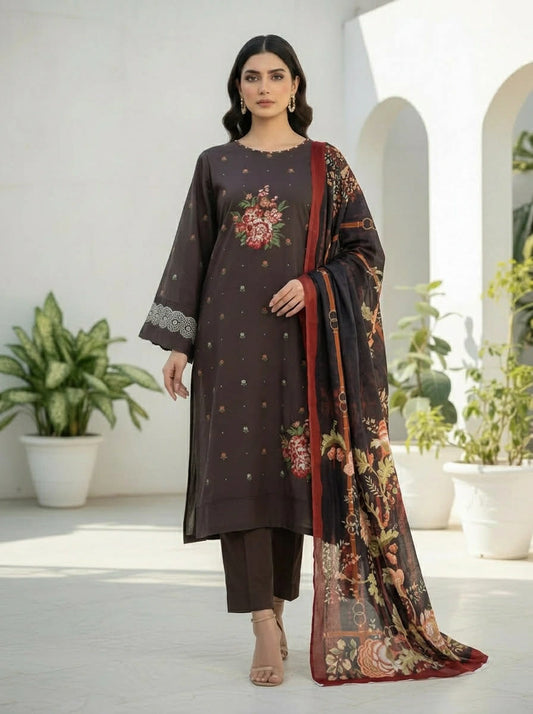 KHAADI 03 PC UNSTITCH SUIT / BROWN