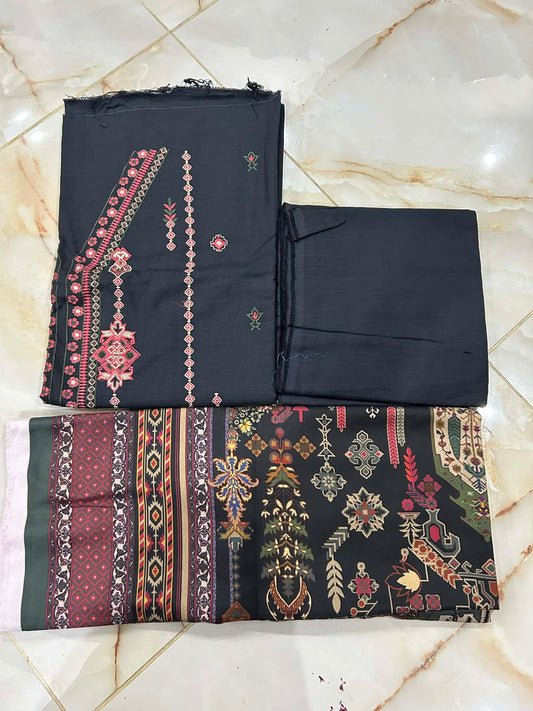 khaadi 03 pc unstitch suit / black