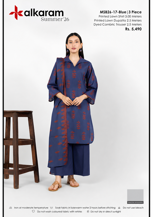 AL KARAM 03 PC UNSTITCH SUIT / BLUE -17