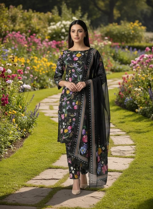 BAROQUE 03 PC UNSTITCH SUIT / BLACK