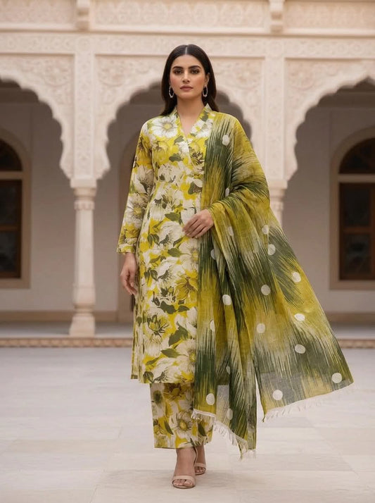 BAROQUUE 03 PC UNSTITCH SUIT / YELLOW