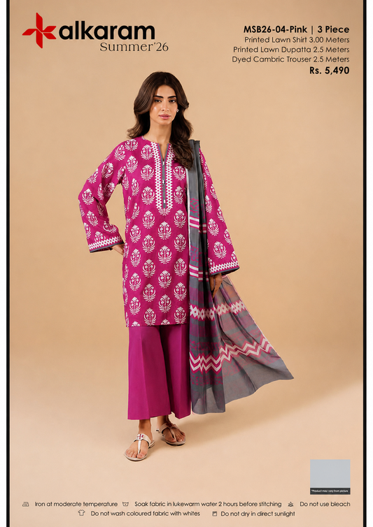 AL KARAM 03 PC UNSTITCH SUIT / PINK -04