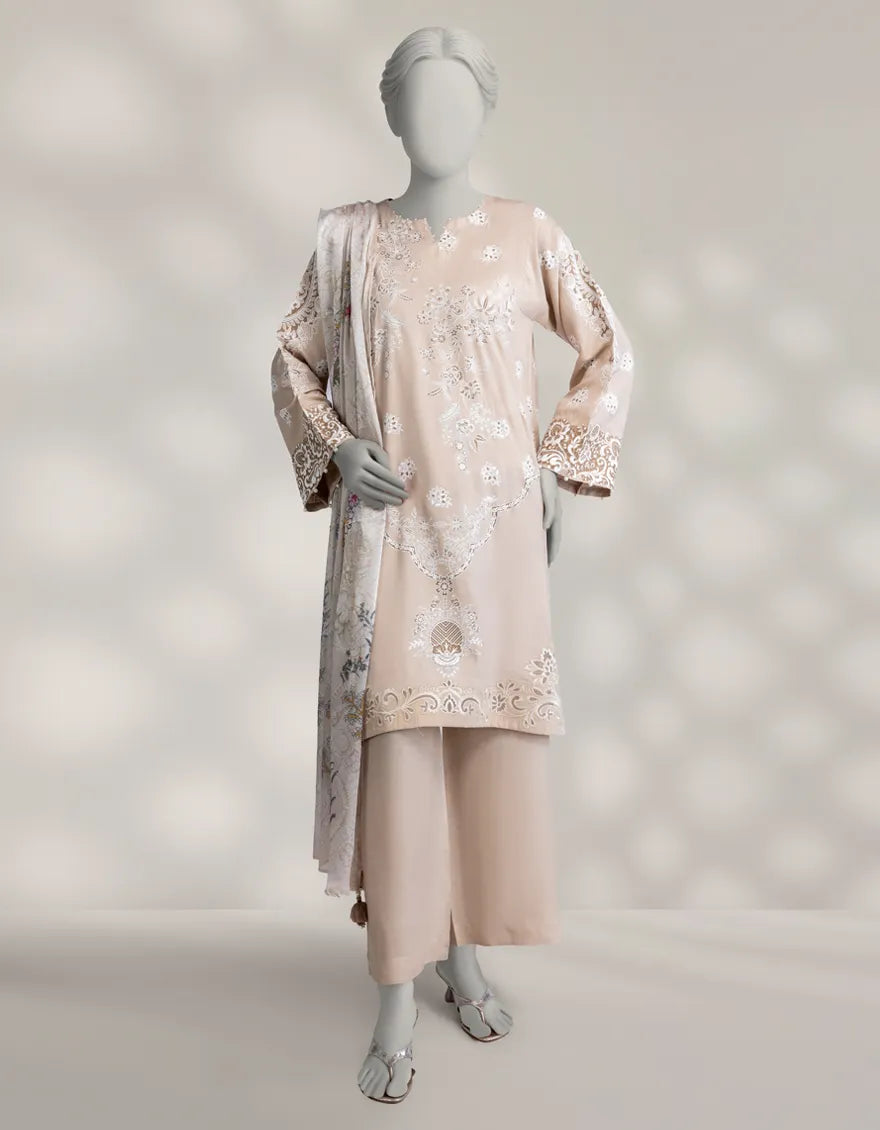J. 03PC STITCH/ BEIGE MAPLE SILK EMBROIDERED 3PC STITCHED-329S