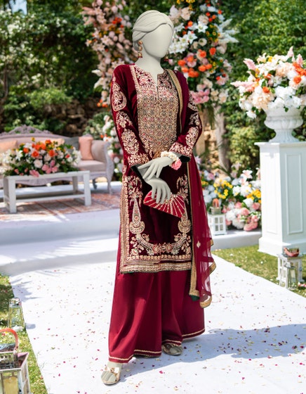 J. 03 PC STITCH SUIT / MAROON VELVAT