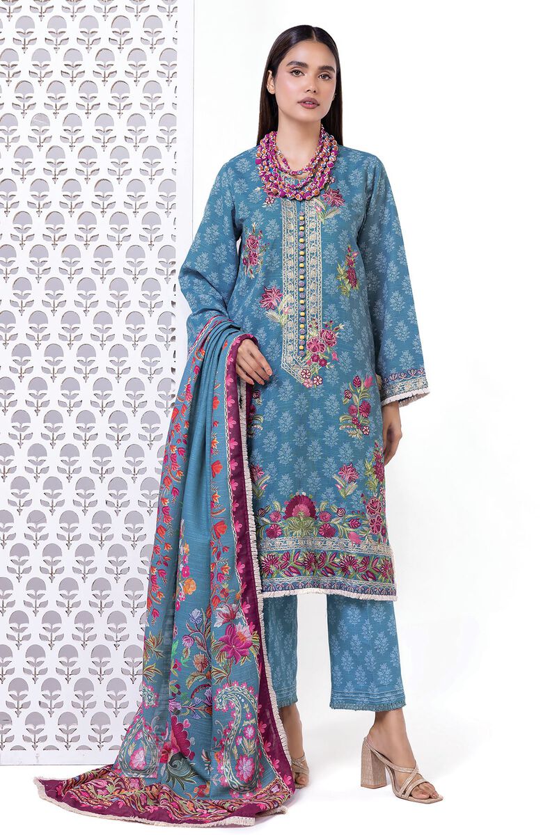 KHAADI KHADDAR 03 PC UNSTITCH SUIT / BLUE