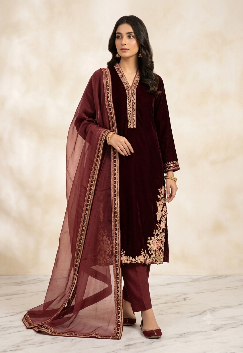 DHANAK 3PC STITCH HEAVY EMB BRIDAL SOOT