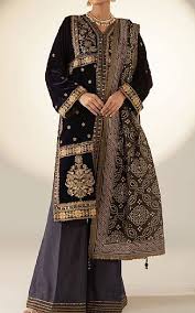 AL-KARAM UNSTITCH DARK BLUE LUXURY EMBROIDERY VELVET  VC-08B-24-3PC