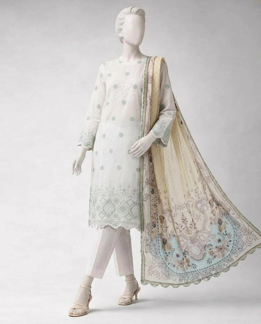 J. 03PC UNSTITCH LAWN CHIKENKARI/BEIGE-109