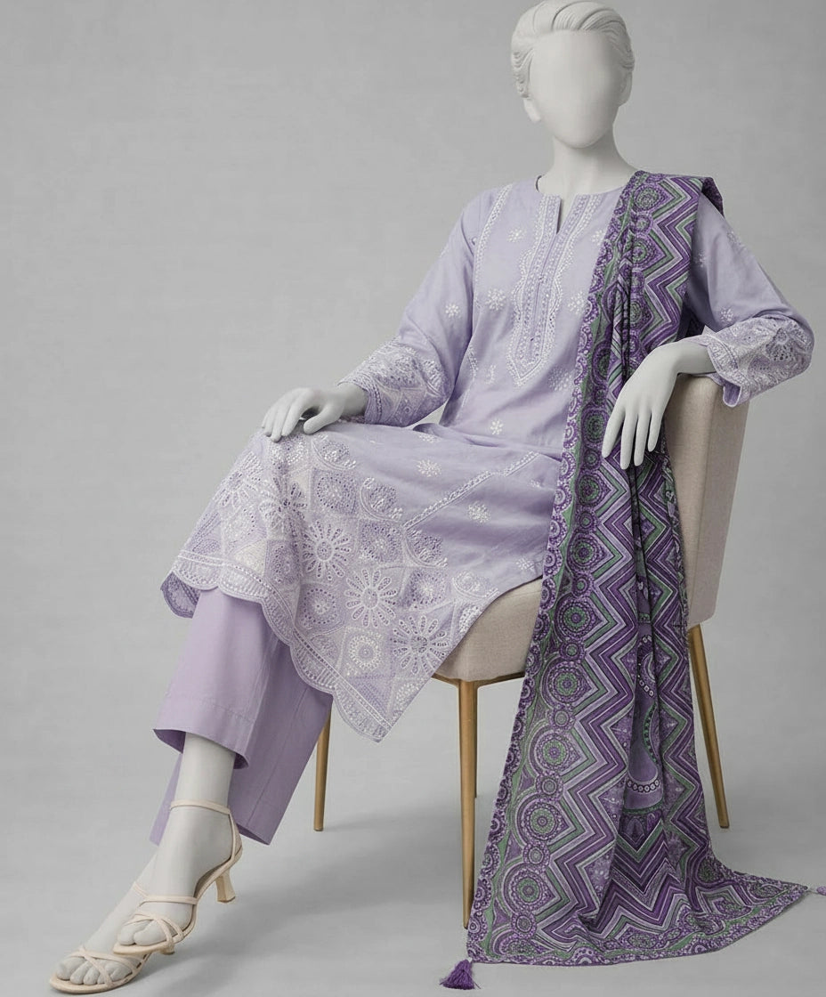 J. 03PC LAWN UNSTITCH CHIKENKARI/MAUVE-901