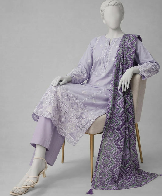 J. 03PC LAWN UNSTITCH CHIKENKARI/MAUVE-901